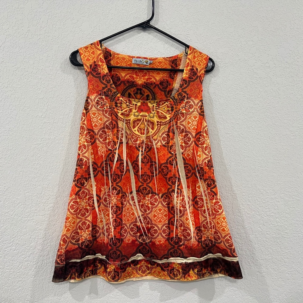 Unity World Wear Womens L Orange Brown Medallion Sleeveless Boho Tunic Top